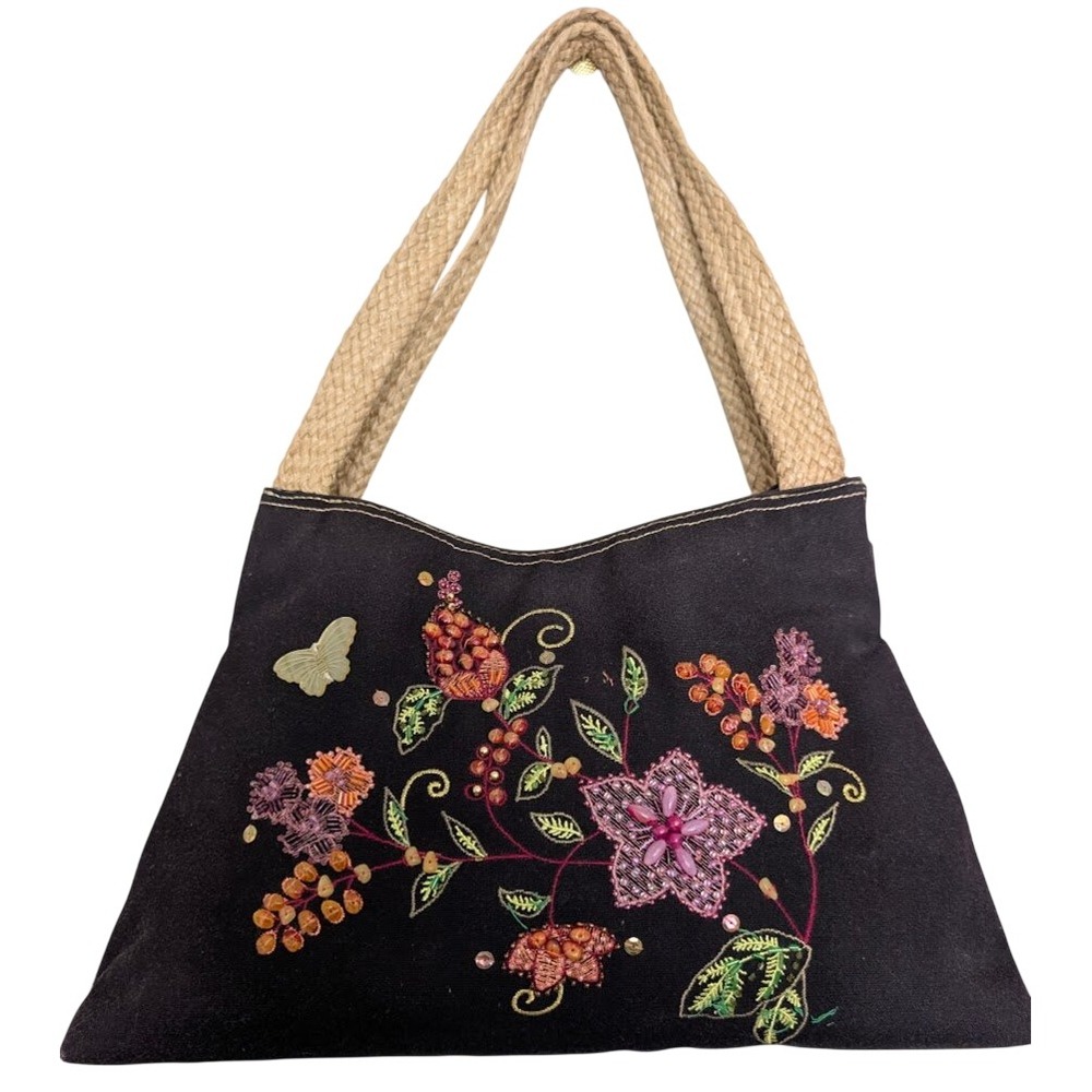 Embroidered Beaded Canvas Handbag Purse Shoulder Bag Butterfly Floral Boho Indie